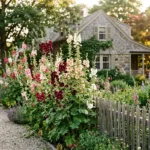 How to grow hollyhocks — tall hollyhocks in full bloom in an American cottage garden