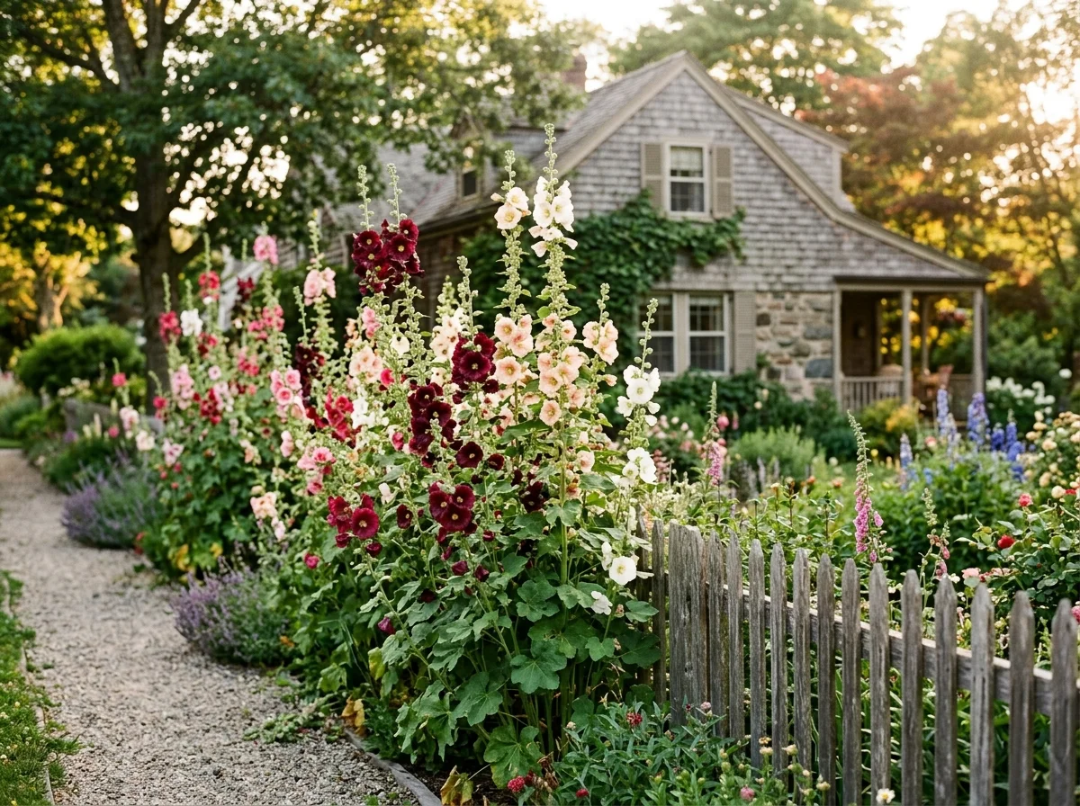 How to grow hollyhocks — tall hollyhocks in full bloom in an American cottage garden