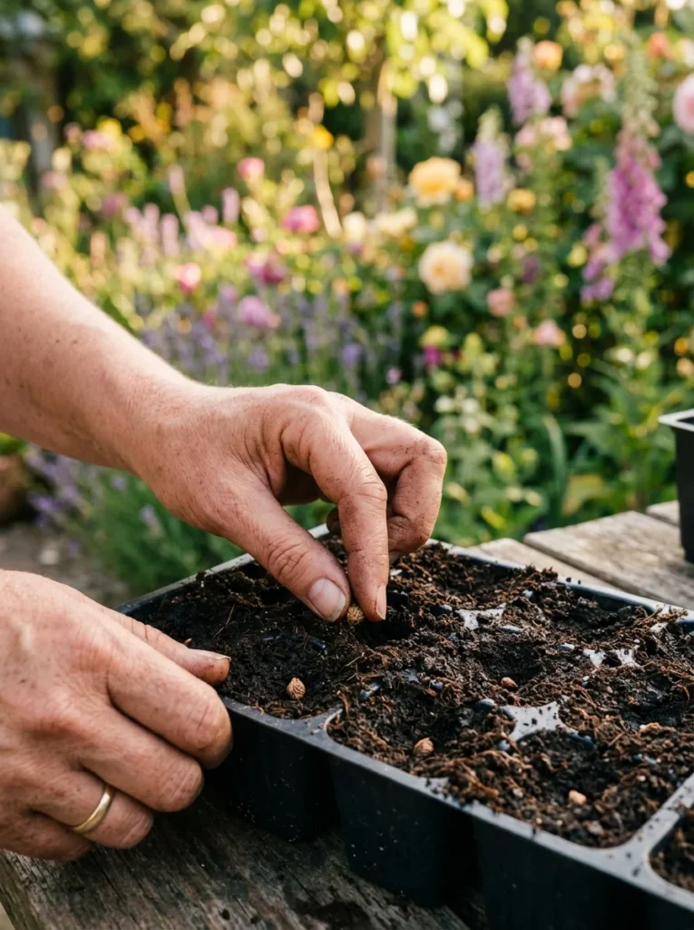 Hands planting hollyhock seeds in a seed tray with rich potting soil