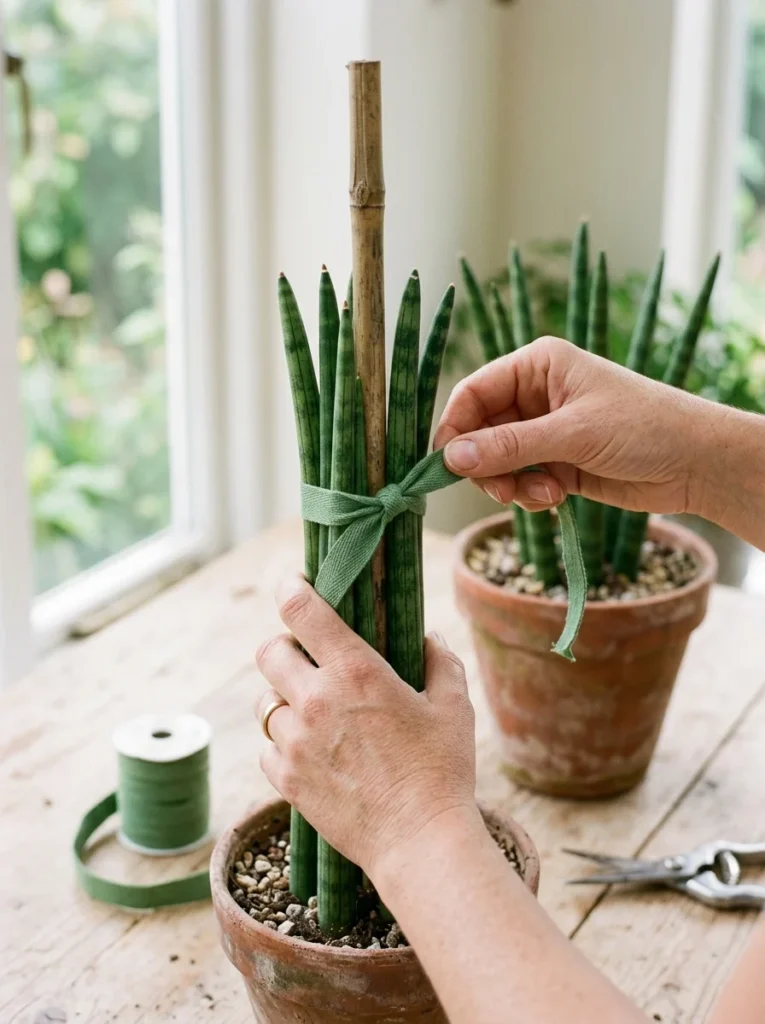 Hands tying snake plant leaves around a bamboo stake to train spiral shape 
