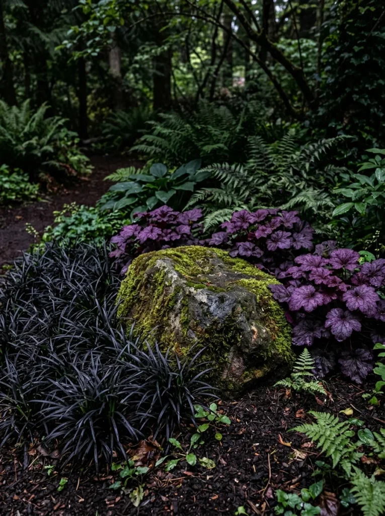 witchy shade garden corner with dark foliage.
