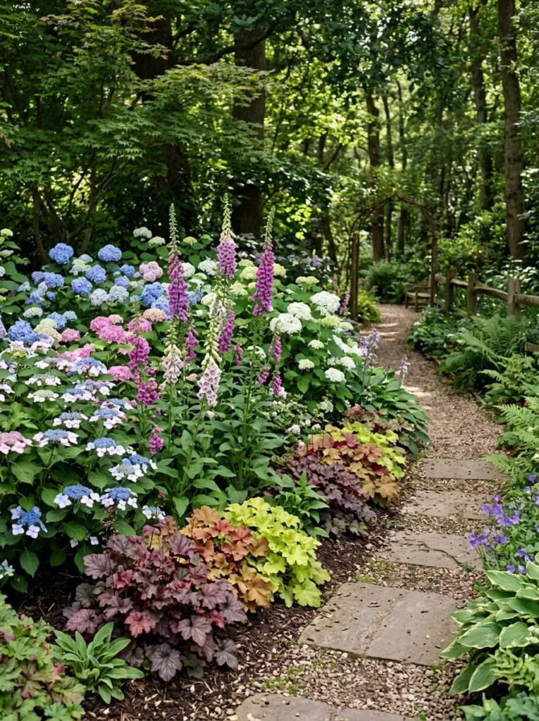 partial shade garden border with hydrangeas and heuchera.