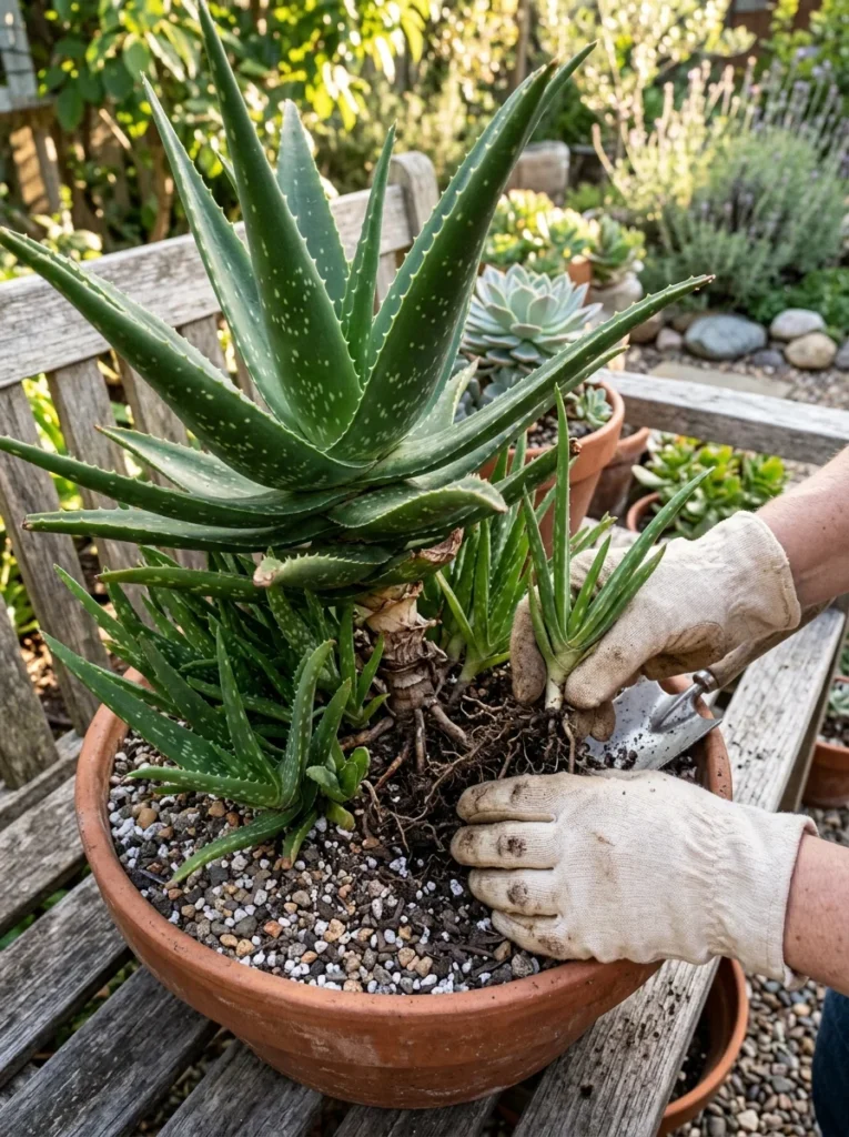 Aloe vera mother plant with offset pups being separated for propagation