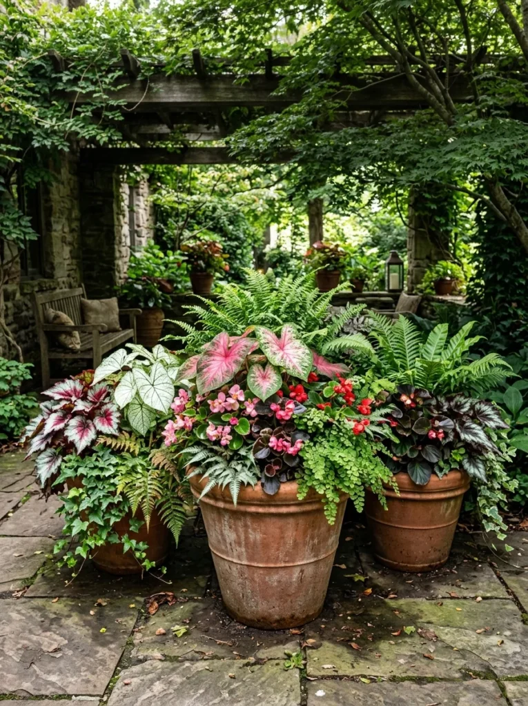 shade container garden with caladiums and ferns.