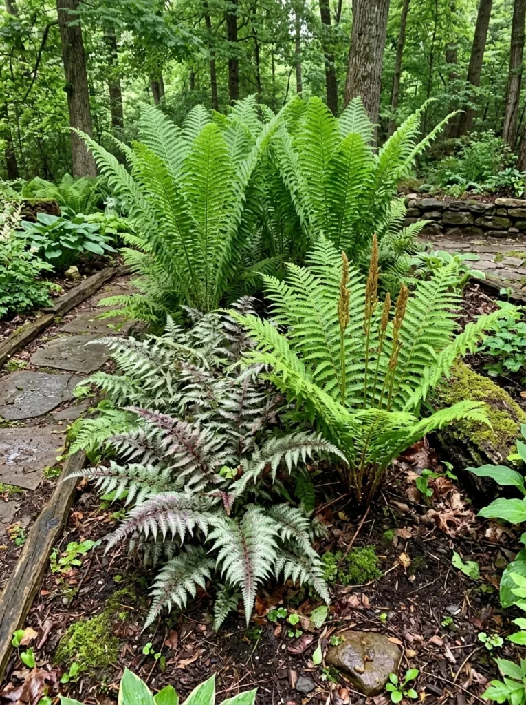 shade garden ferns in a woodland planting.