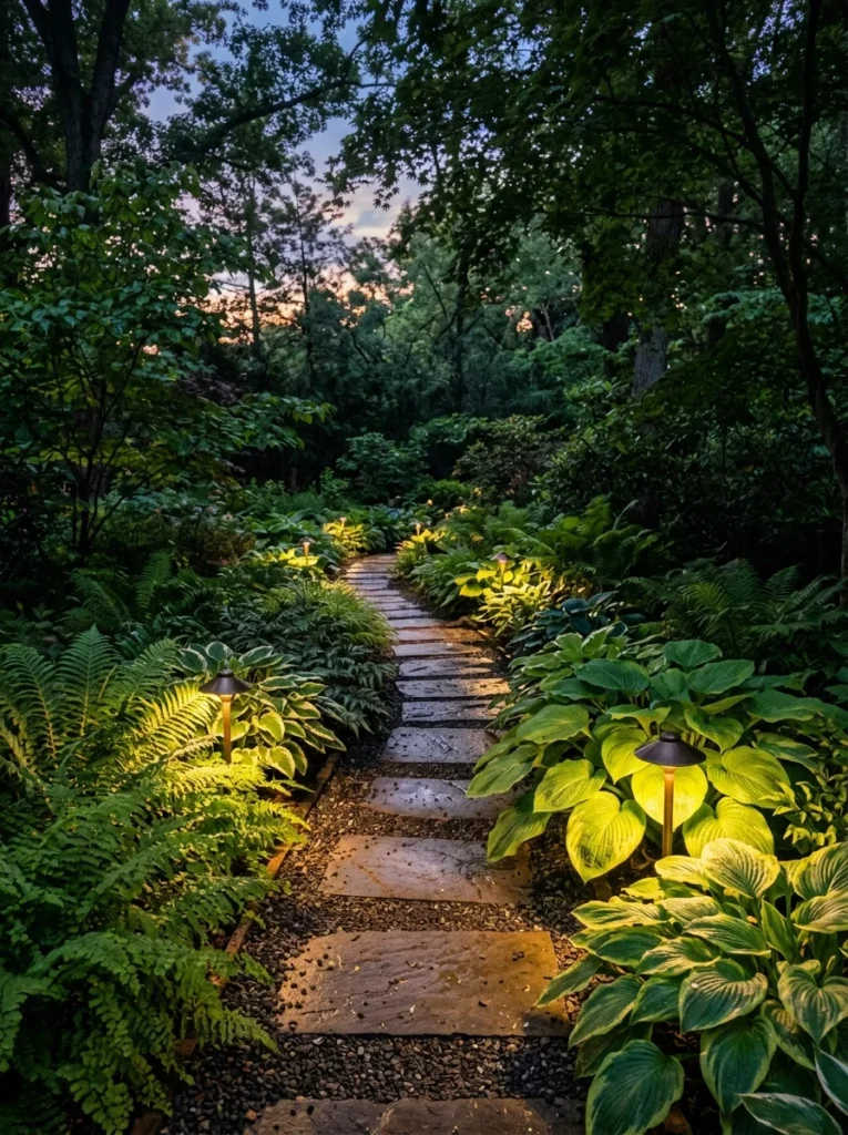 shade garden lighting with LED path lights at dusk.