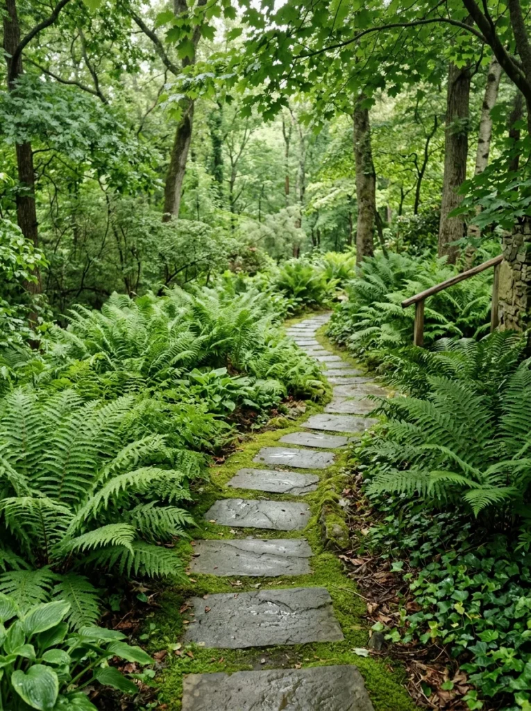 shade garden path with stepping stones and ferns.