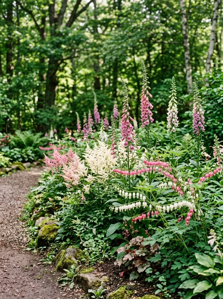 shade garden perennials with astilbe and bleeding heart.