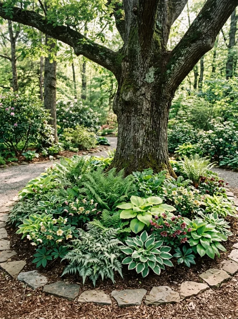 shade garden planted under a large tree.
