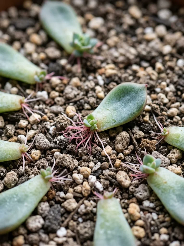 Succulent leaves propagating on soil with tiny roots forming at the base