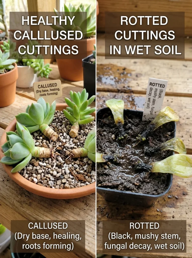 Healthy succulent cuttings properly callused versus rotted cuttings caused by wet soil