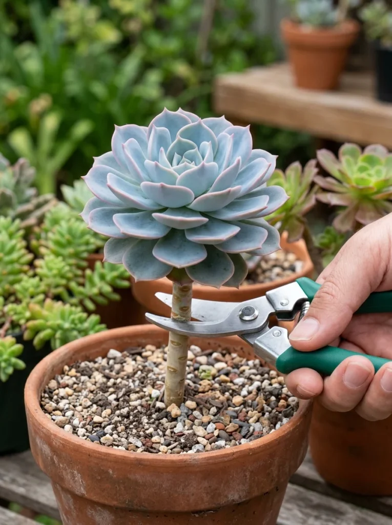 Sharp pruners making a clean cut on a leggy succulent stem for propagation