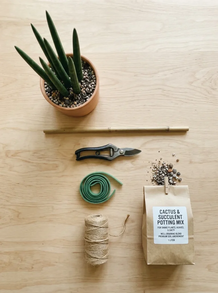 Snake plant spiral training tools flat lay including bamboo stake, plant ties, and cactus soil 
