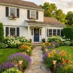 front of house landscaping ideas with layered planting and pathway lighting