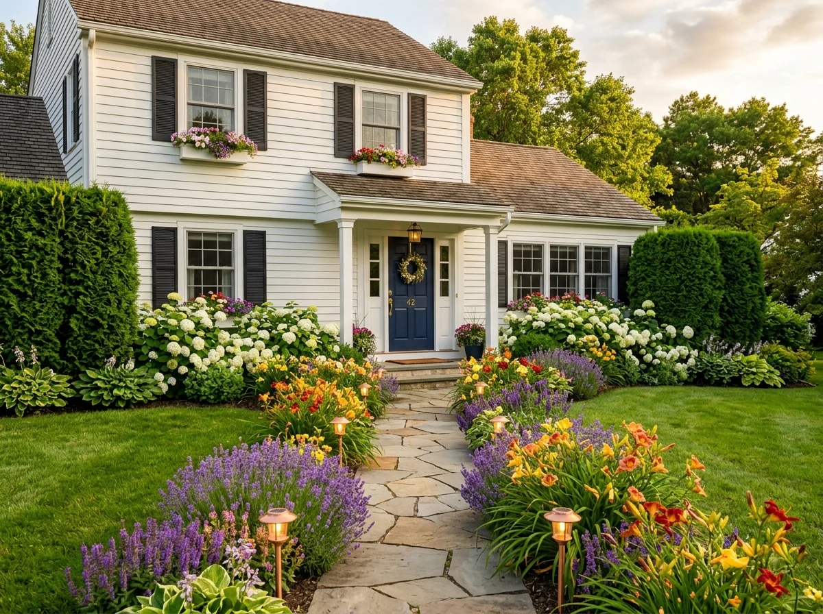 front of house landscaping ideas with layered planting and pathway lighting