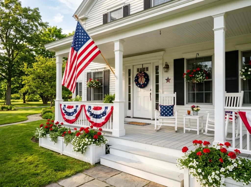 Stunning patriotic front porch with American flag, red geraniums, white planters, and blue bunting on a summer day