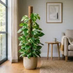 pothos climbing ideas — pothos plant trained up a moss pole indoors