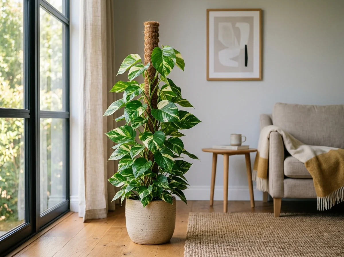 pothos climbing ideas — pothos plant trained up a moss pole indoors