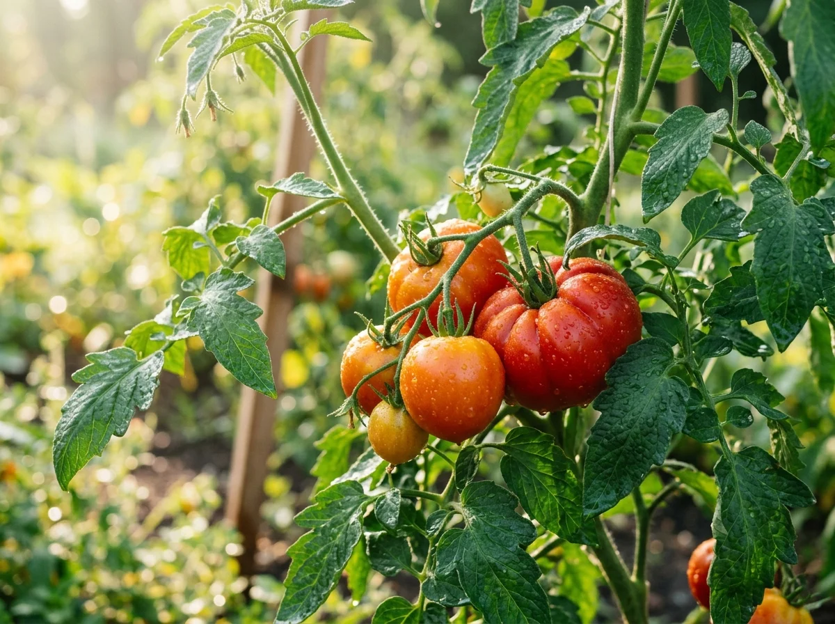 15 Tomato Plants Growing Tips : Ripe tomato plants growing on the vine in a sunny backyard garden
