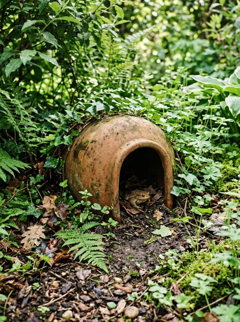 clay pot toad house in garden bed