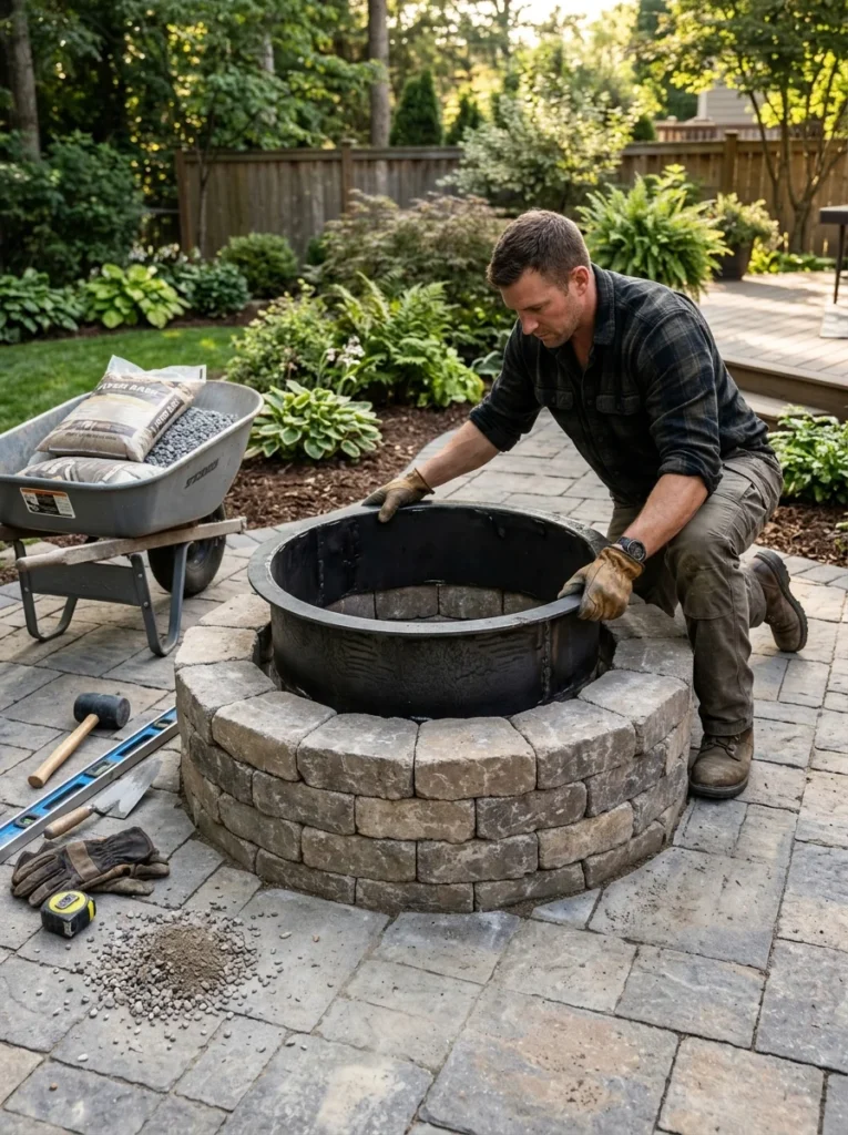 fire ring insert placed in paver fire pit shell