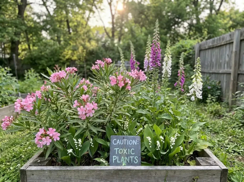 Poisonous garden plants including oleander and foxglove blooming in a backyard bed