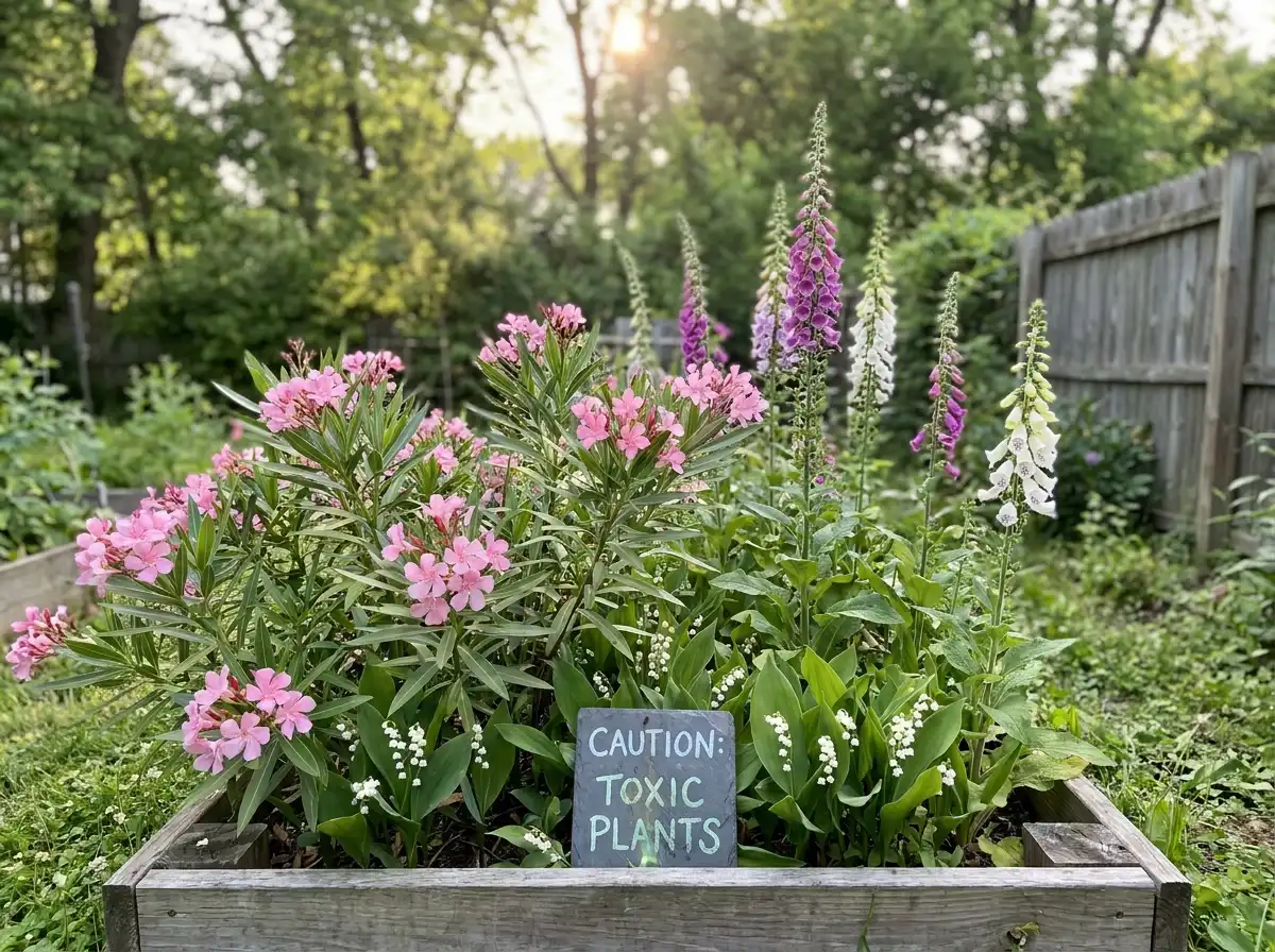 Poisonous garden plants including oleander and foxglove blooming in a backyard bed