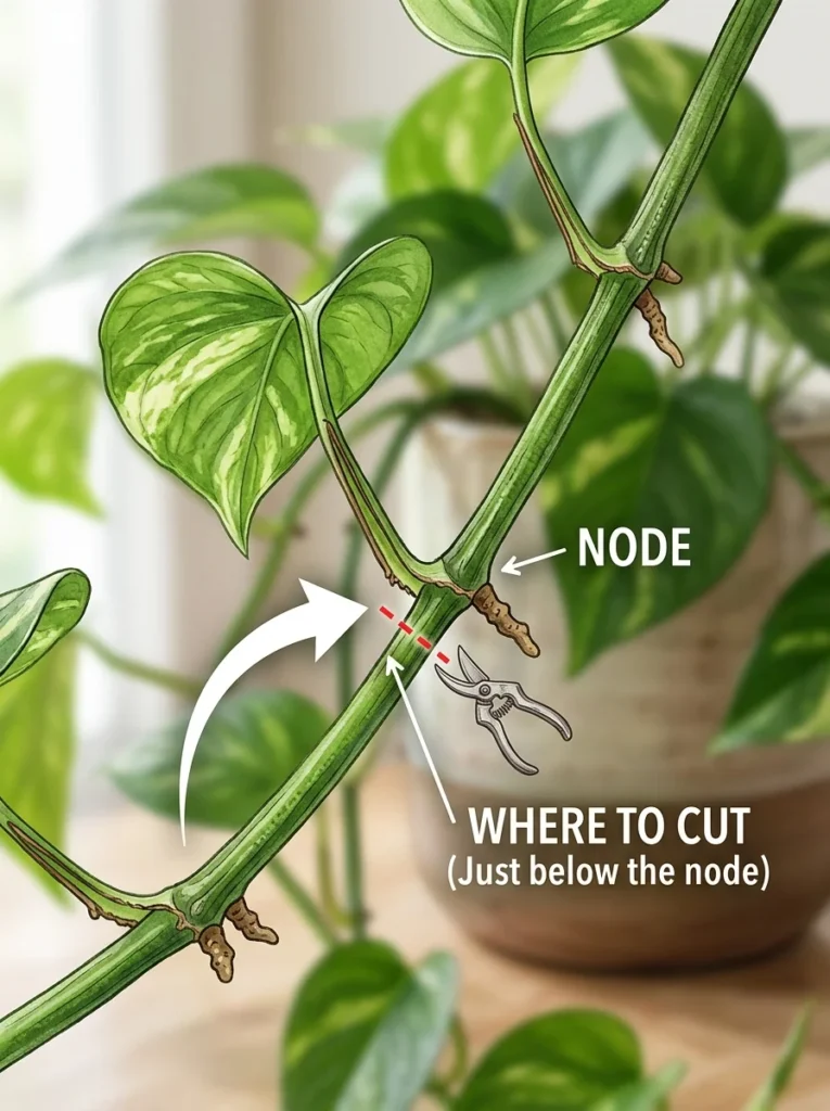 where to cut pothos stem for propagation.