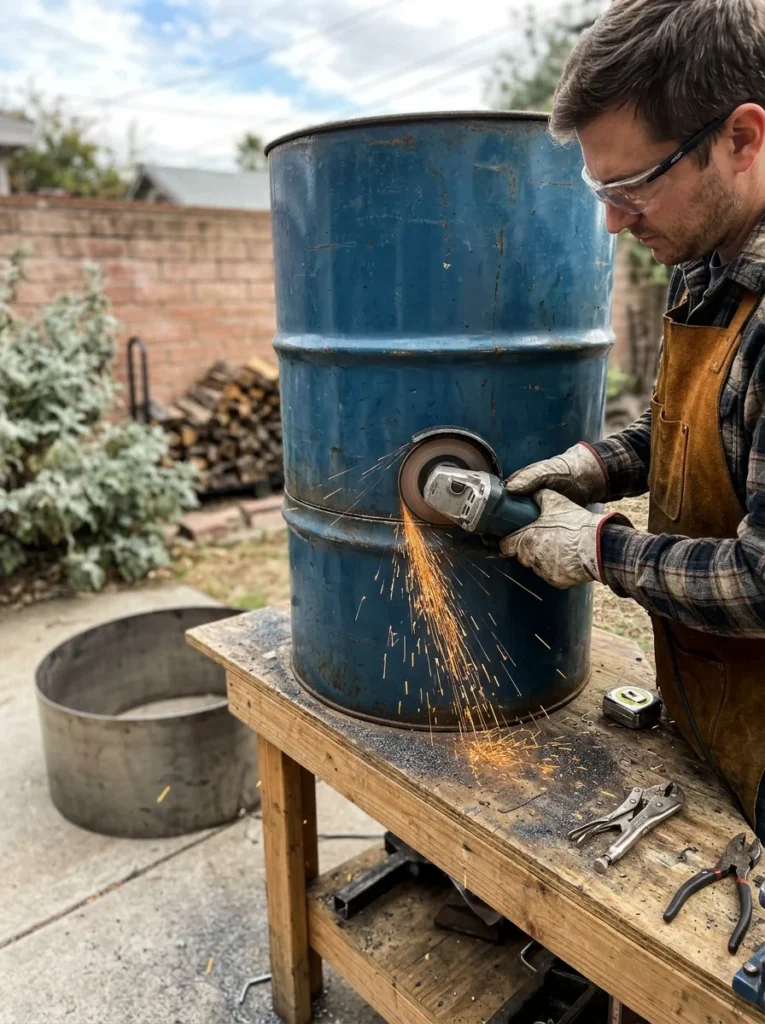 steel drum double wall fire pit being cut