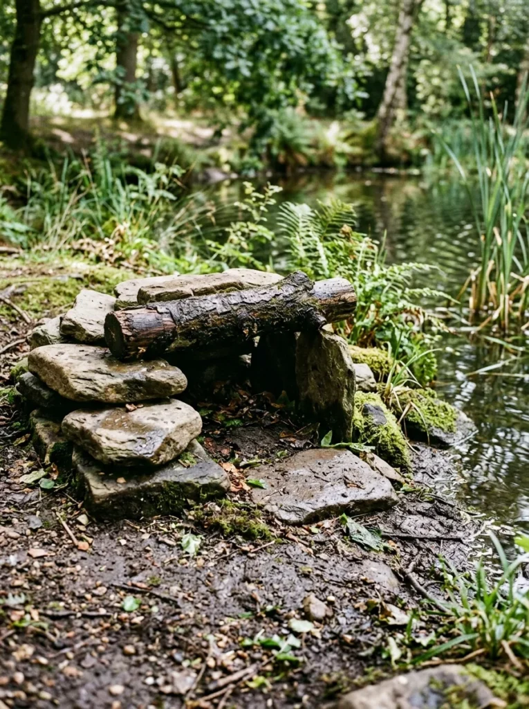 rocks and logs providing shelter for frogs near a backyard pond