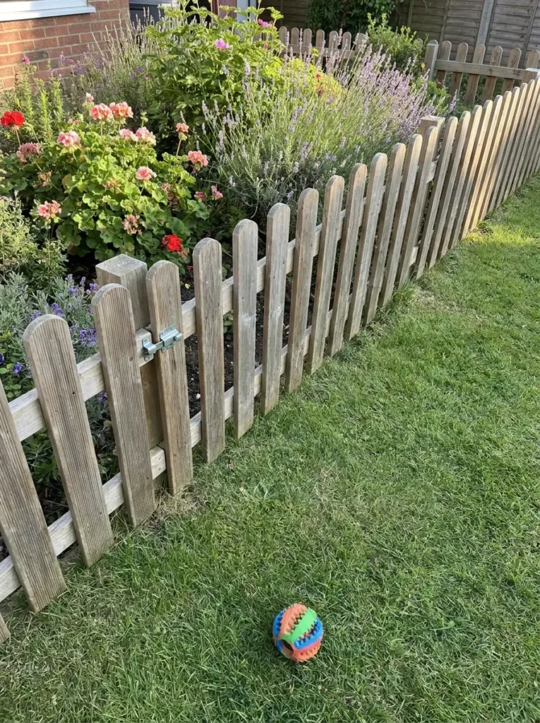 Child safety garden fence protecting a flower bed from pets and kids