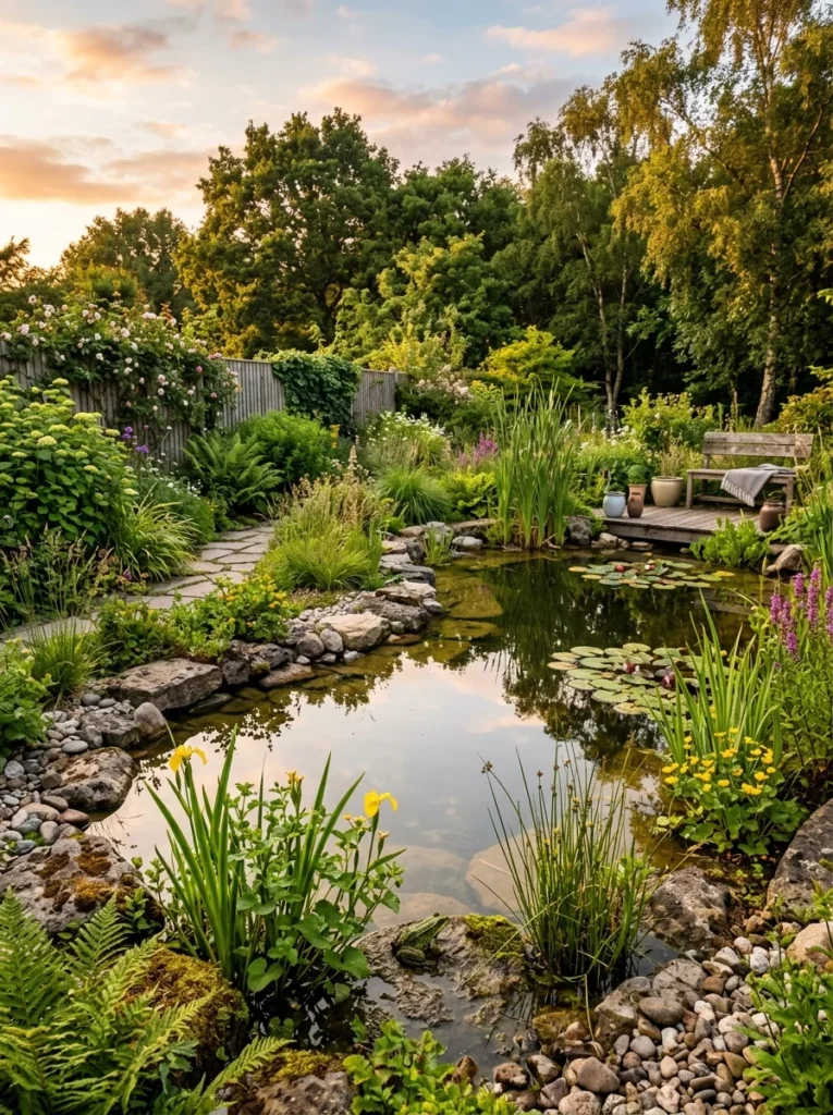 finished backyard wildlife pond attracting frogs at dusk
