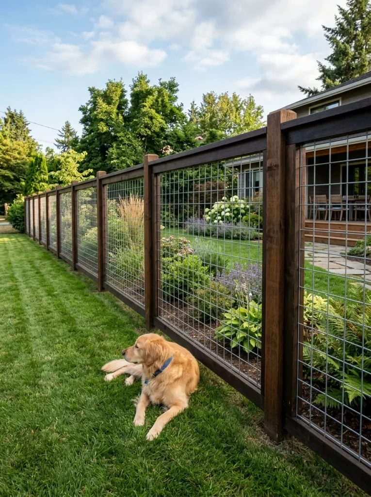 hog wire wood dog fence backyard.