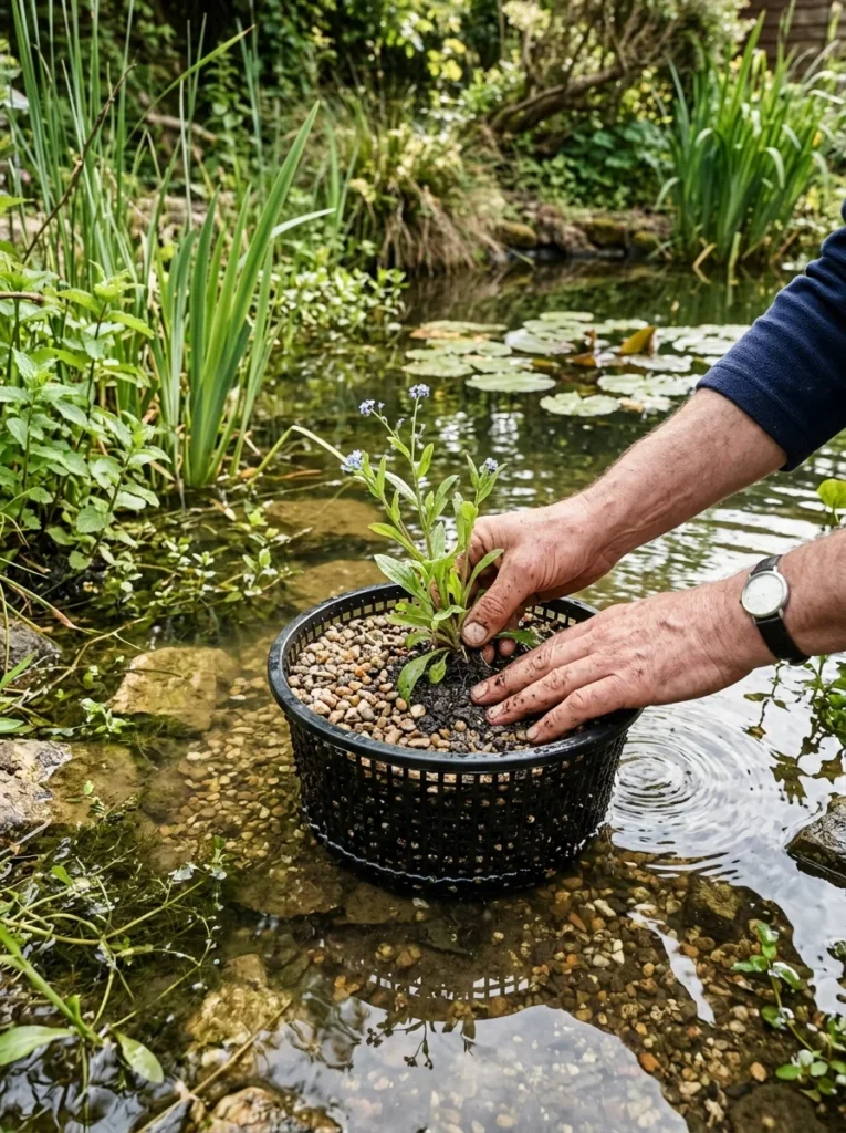 planting native plants in a wildlife pond 