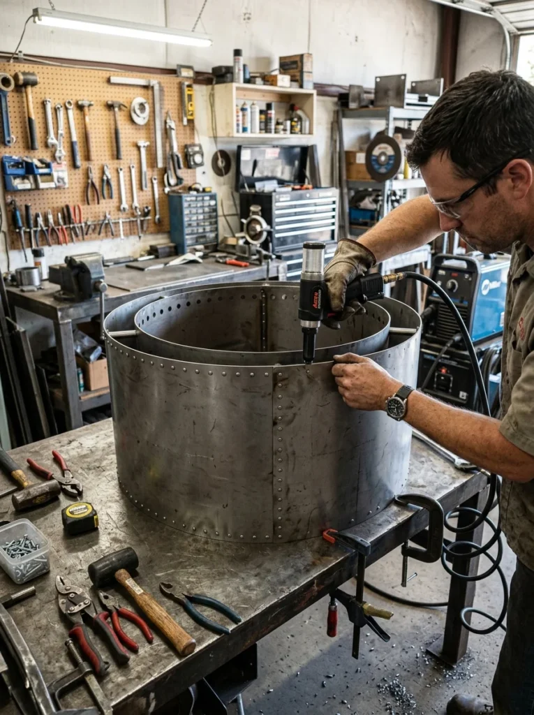 riveted sheet metal smokeless fire pit assembly