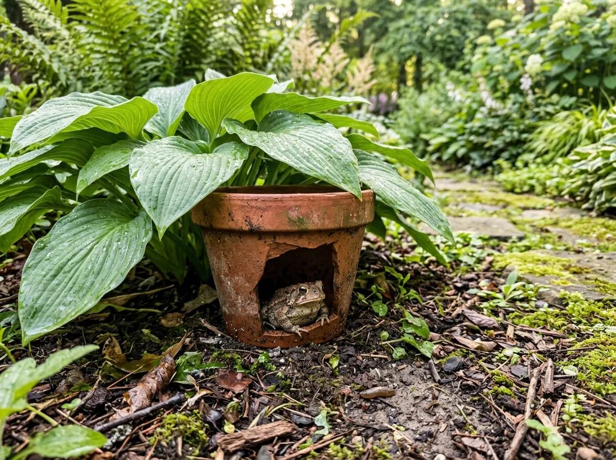diy garden toad house in shaded backyard garden bed
