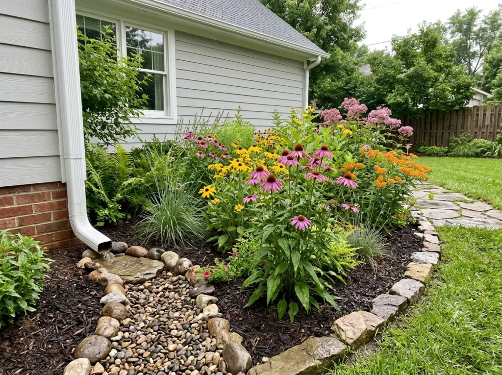 Rain Garden on a Budget: small budget rain garden with native plants near downspout