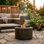 diy smokeless fire pit on stone patio at golden hour