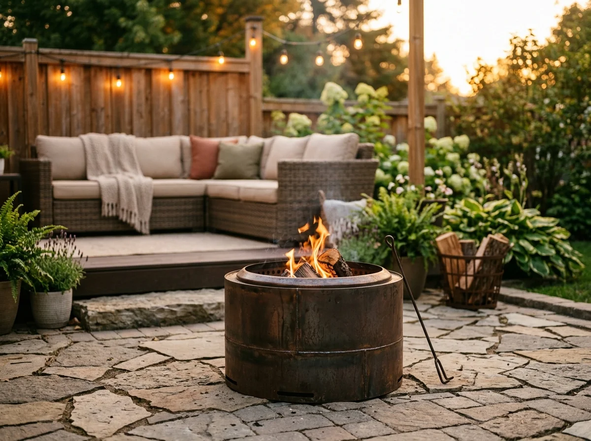 diy smokeless fire pit on stone patio at golden hour