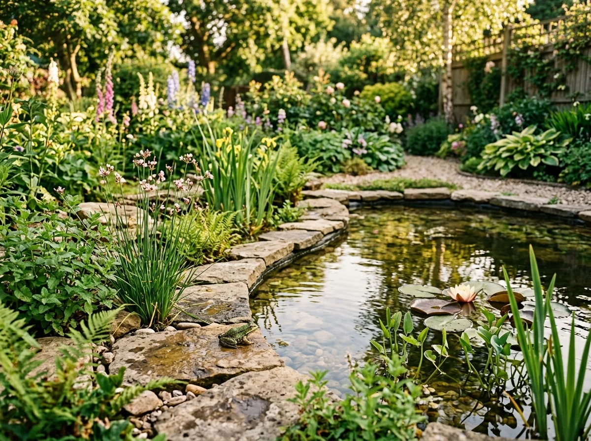 How to Build a Wildlife Pond: backyard wildlife pond with native plants and shallow edges.