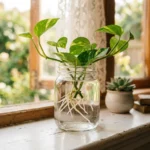 how to propagate pothos: pothos cutting with roots propagating in a glass jar of water