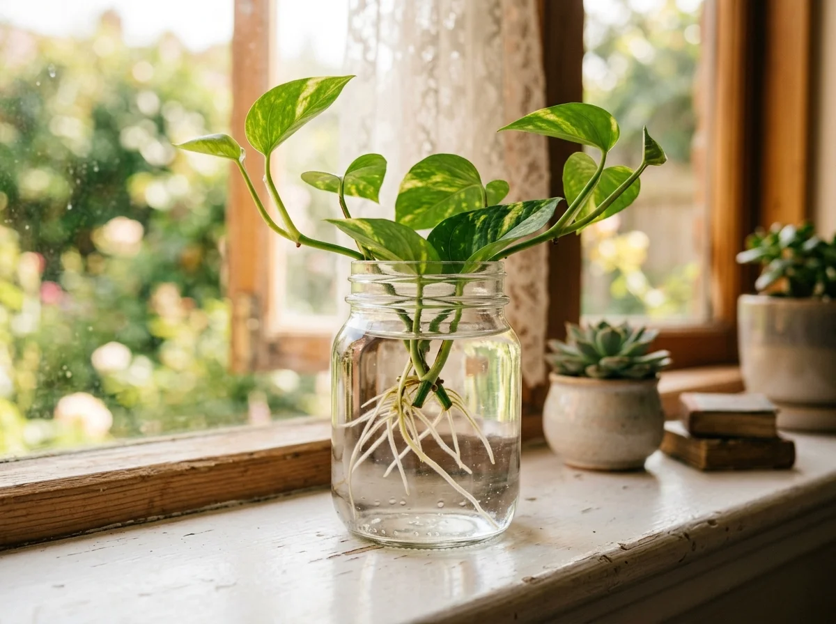 how to propagate pothos: pothos cutting with roots propagating in a glass jar of water