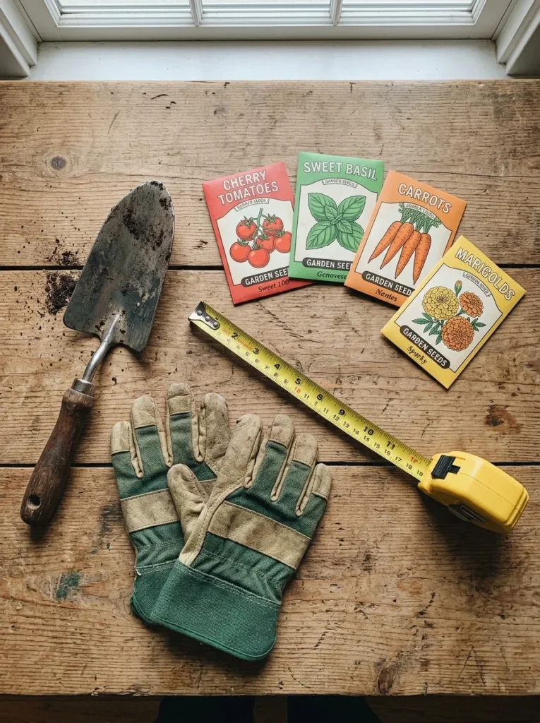 budget rain garden tools and materials flat lay