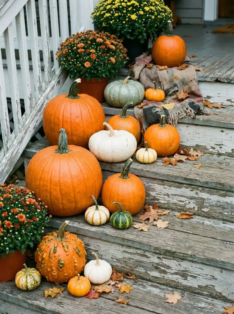 outdoor fall pumpkin decor arrangement on steps
