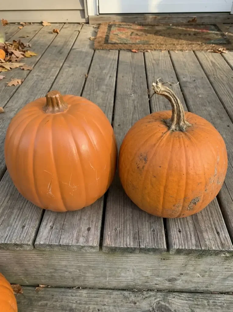 faux outdoor pumpkins for fall decor