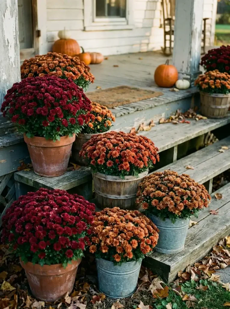 fall mums decor for porch steps