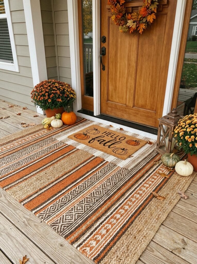 fall doormat and outdoor rug layering idea