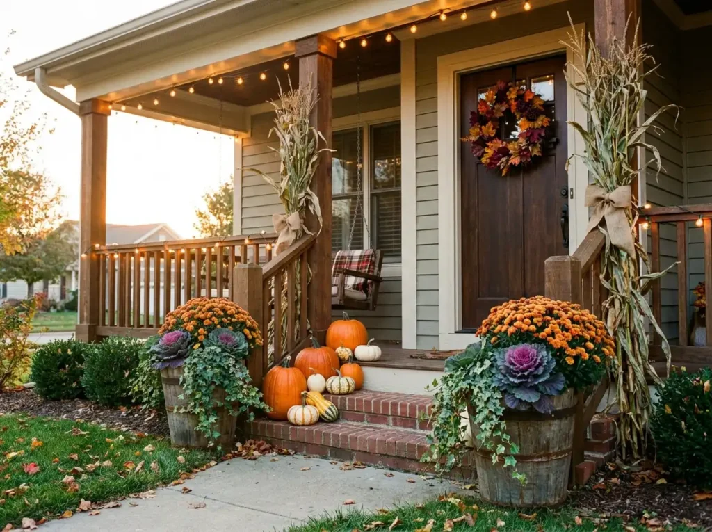 outdoor fall decor ideas for front porch with pumpkins and mums.