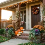 outdoor fall decor ideas for front porch with pumpkins and mums.