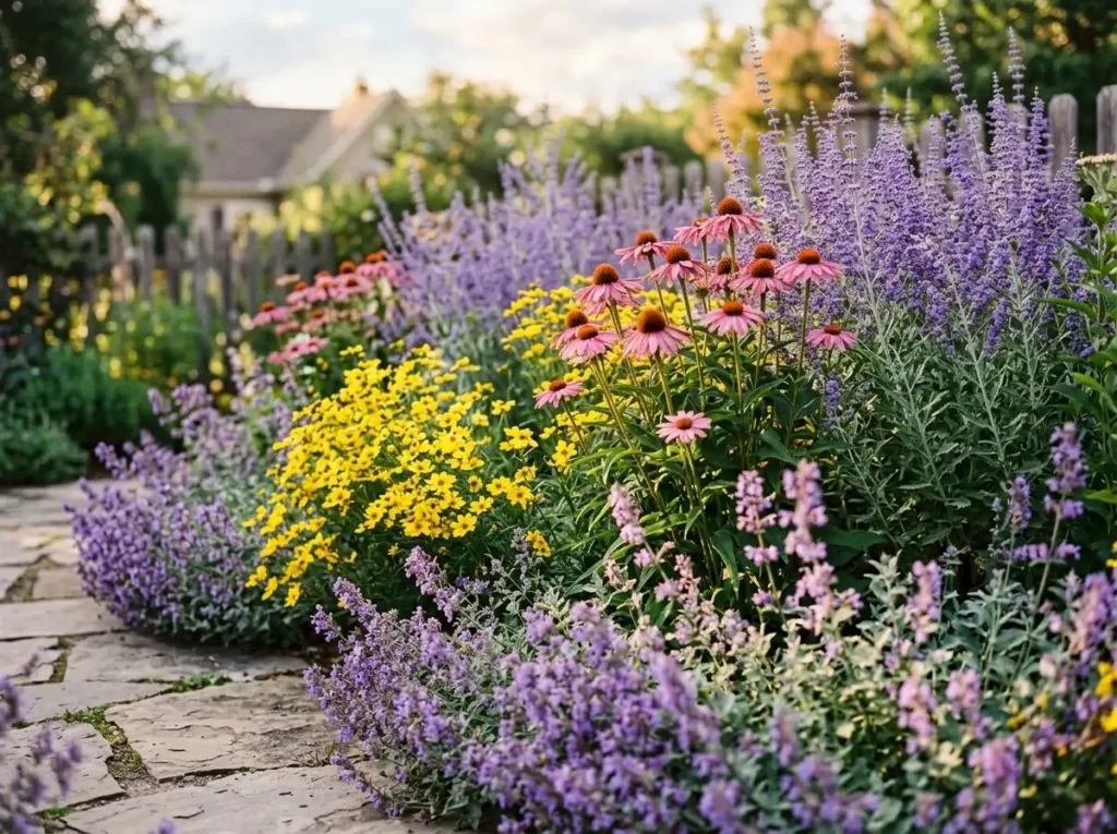 perennial flowers that bloom from spring to fall in a garden border.
